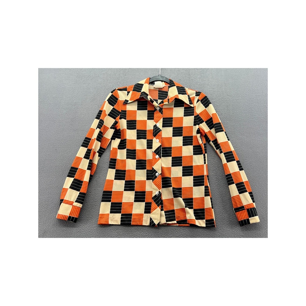 Vintage Cos Cob Shirt Sz S 70s Geometric Block Print Dagger Collar Button Orange
